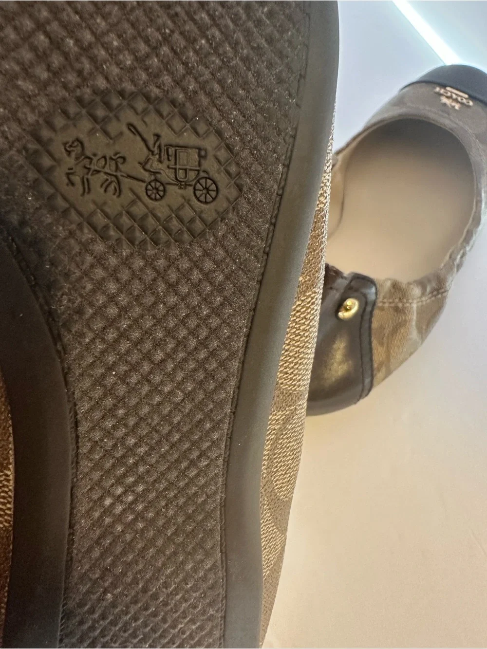 Coach Amelia Signature Canvas Ballet Flats Brown Leather Cap Toe Shoes Size 7.5B